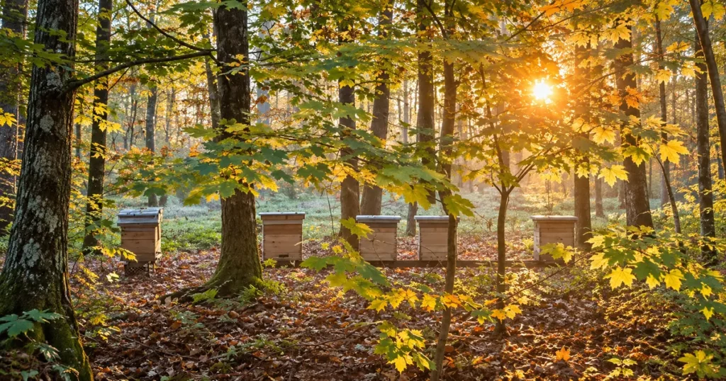 Ule Pasieki Woźniak ustawione w lesie w promieniach zachodzącego słońca